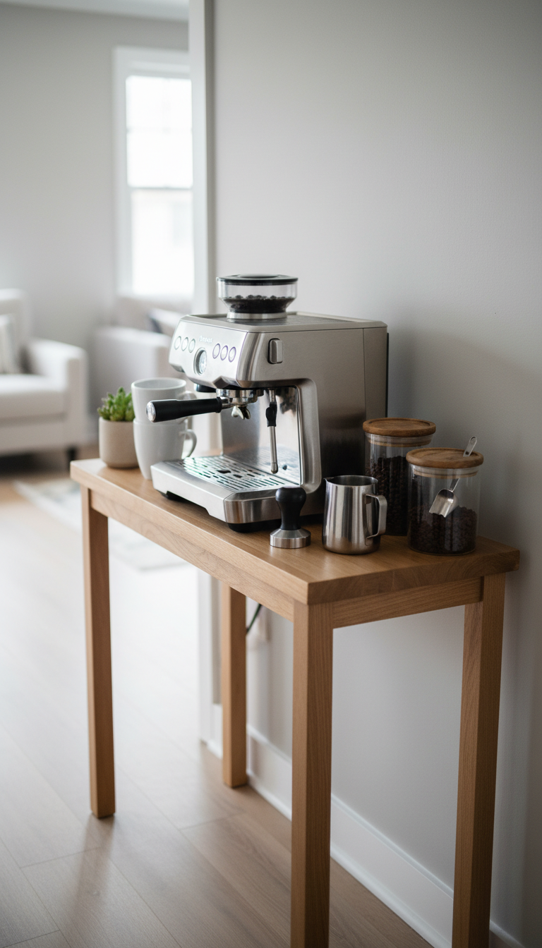 Narrow coffee bar with sleek espresso machine, white ceramic mugs, and glass jars on light wood console table against gray wall