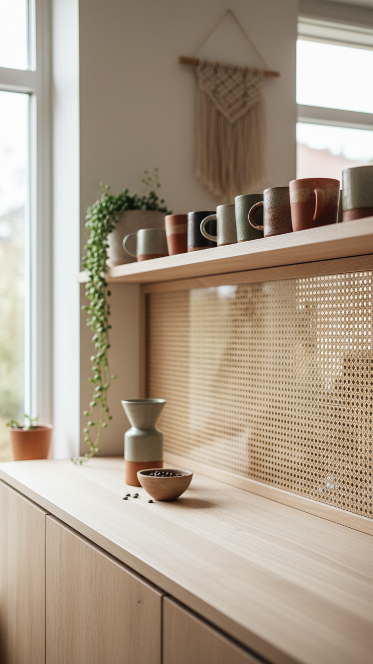 Natural rattan cane webbing textured backsplash protected by glass in bohemian coffee bar setting