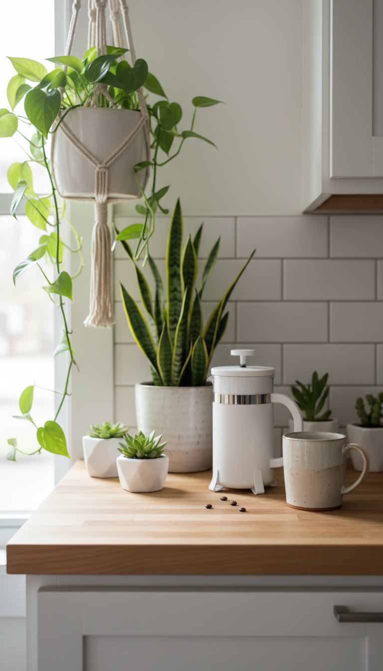 Nature-inspired coffee station with green plants, French press on butcher block countertop