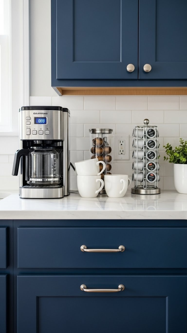 Navy blue coffee bar cabinet with light marble countertop, chrome coffee maker, and organized coffee accessories in soft natural lighting