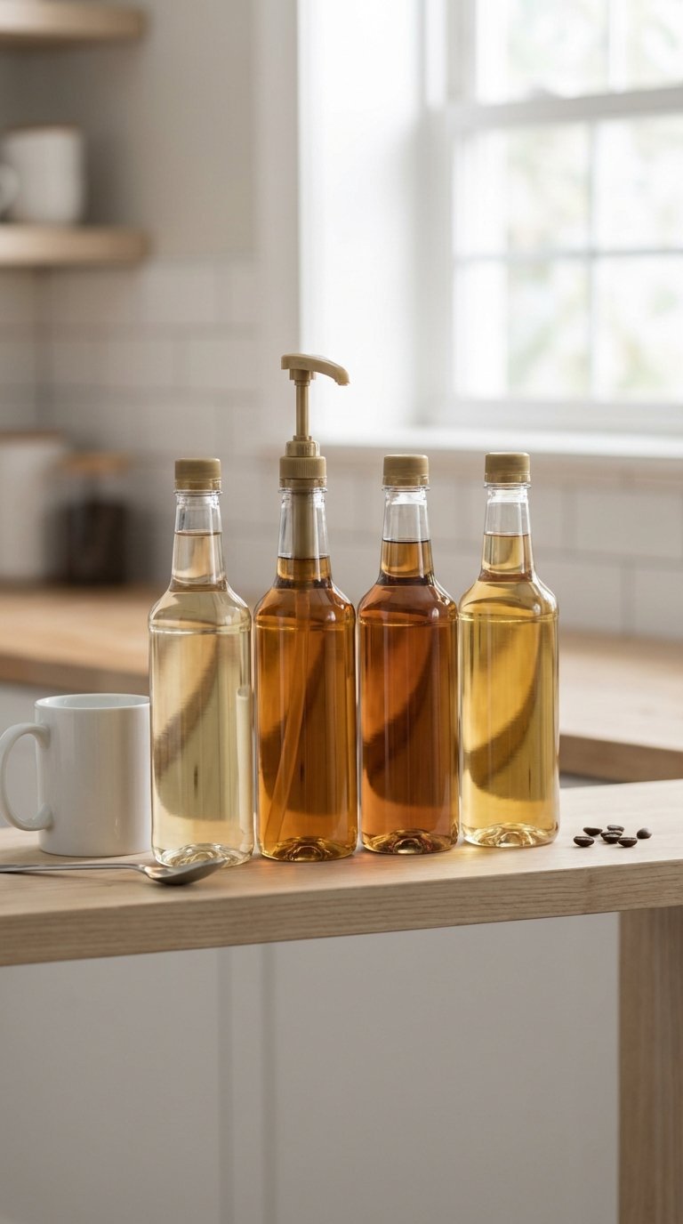 Neatly arranged Starbucks syrup bottles with pump dispenser on minimalist shelf with coffee mug