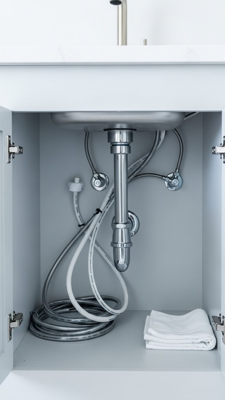 Neatly organized plumbing connections under coffee bar sink with PEX water lines and P-trap drain assembly