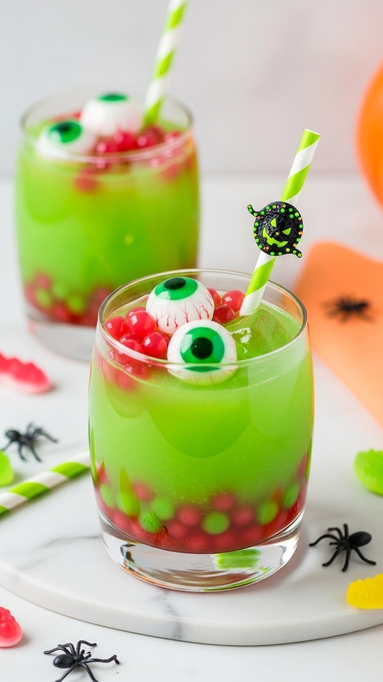 Neon green toxic slime mocktail with colorful popping boba pearls and floating gummy eyeballs