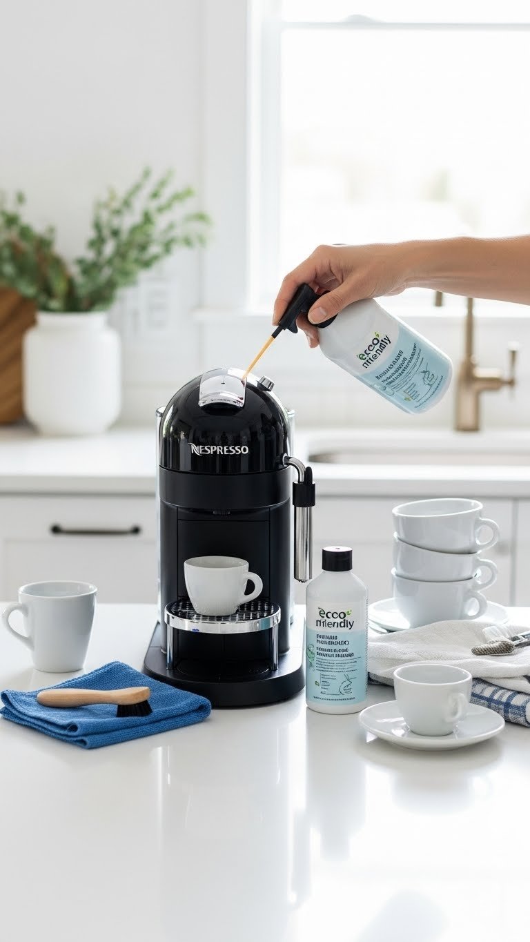 Nespresso machine maintenance routine with descaling kit and clean coffee cups on white kitchen counter