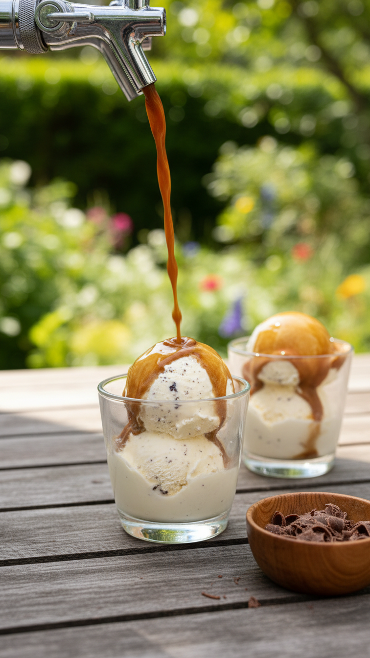 Nitro cold brew pouring over vanilla bean ice cream for affogato dessert at summer garden party