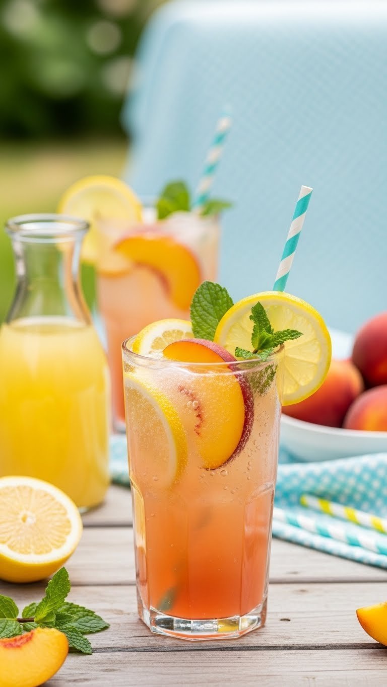 Non-alcoholic sparkling peach lemonade with lemon slices and mint sprig in tall glass on picnic table