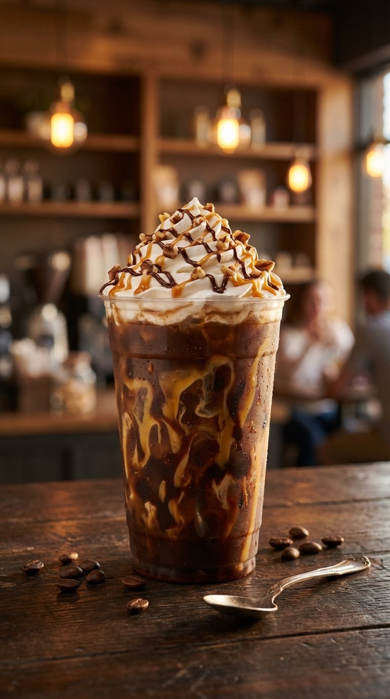 Nutty caramel mocha swirl iced coffee with whipped cream and chopped nuts on rustic wooden table