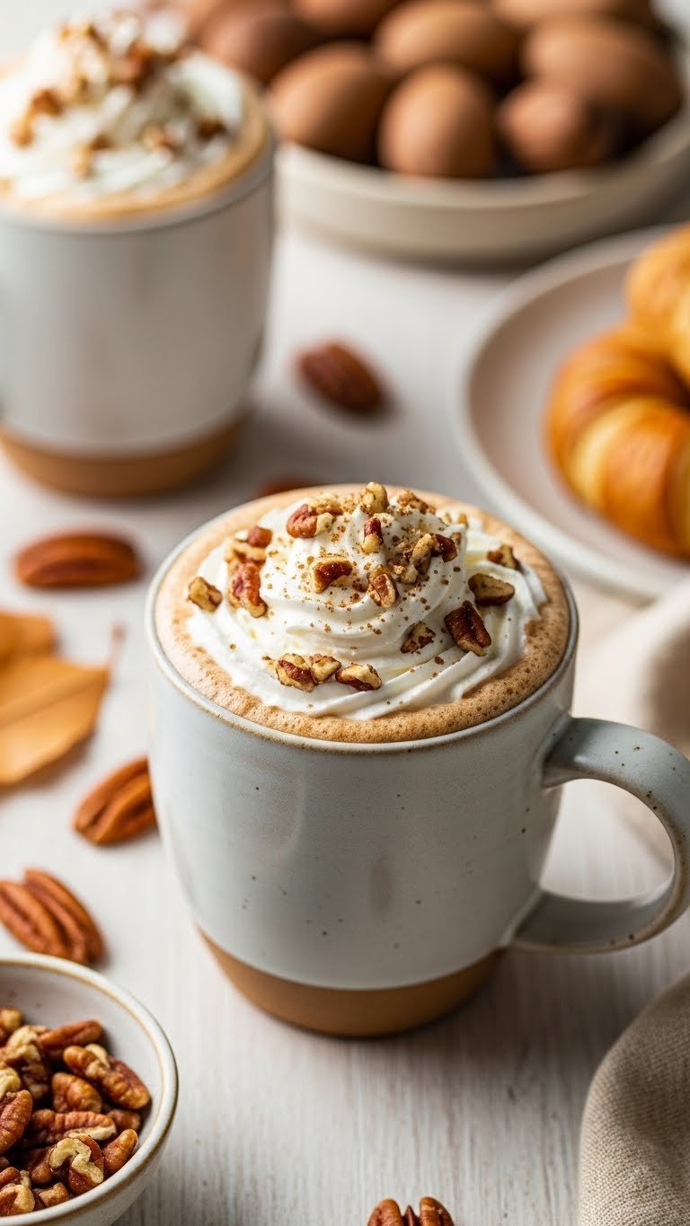 Nutty toasted pecan coffee in stylish mug with whipped cream and chopped pecans on light wooden table