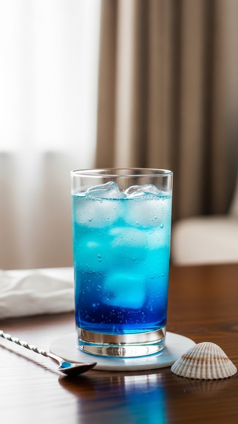 Ocean blue layered mocktail with gradient effect in straight-sided glass on dark wood table