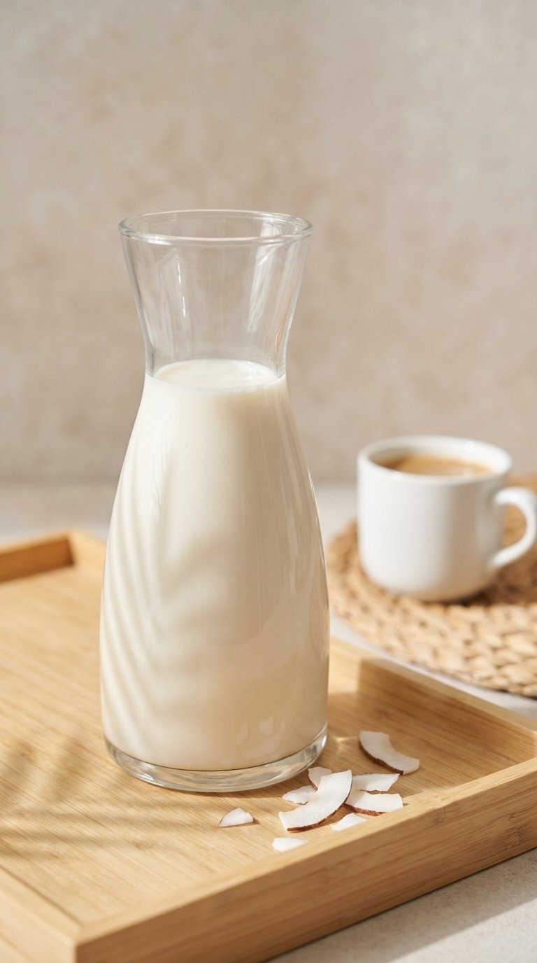 Off-white coconut milk creamer in glass carafe with coconut shavings on wooden tray with ceramic coffee mug.