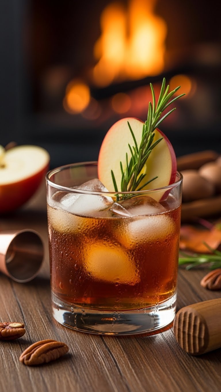 Old-fashioned glass filled with amber apple cider bourbon smash cocktail garnished with apple slice and rosemary