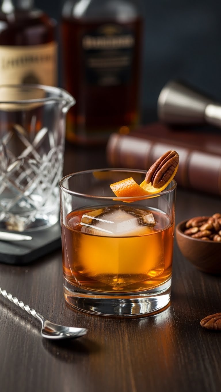 Old-fashioned glass with large ice cube holding amber maple pecan bourbon cocktail garnished with pecan