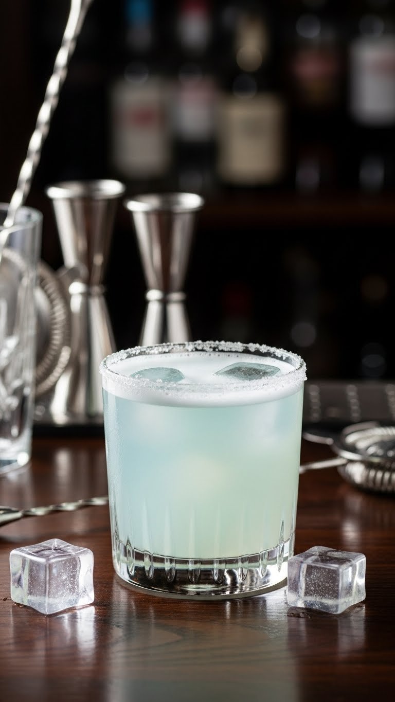 On Cloud 9 vodka cocktail with pale blue drink and white sugar rim in wide-rimmed glass on dark bar