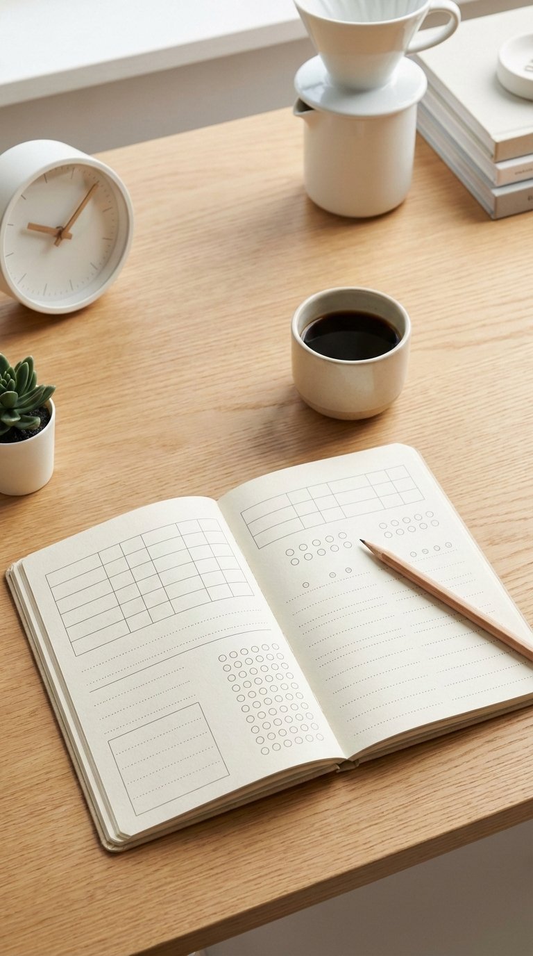 Coffee Flavor Wheel Ultimate Guide for Master Coffee Tasting 9 Open coffee tasting journal with pen resting on page showing taste descriptors and flavor ratings in organized layout.