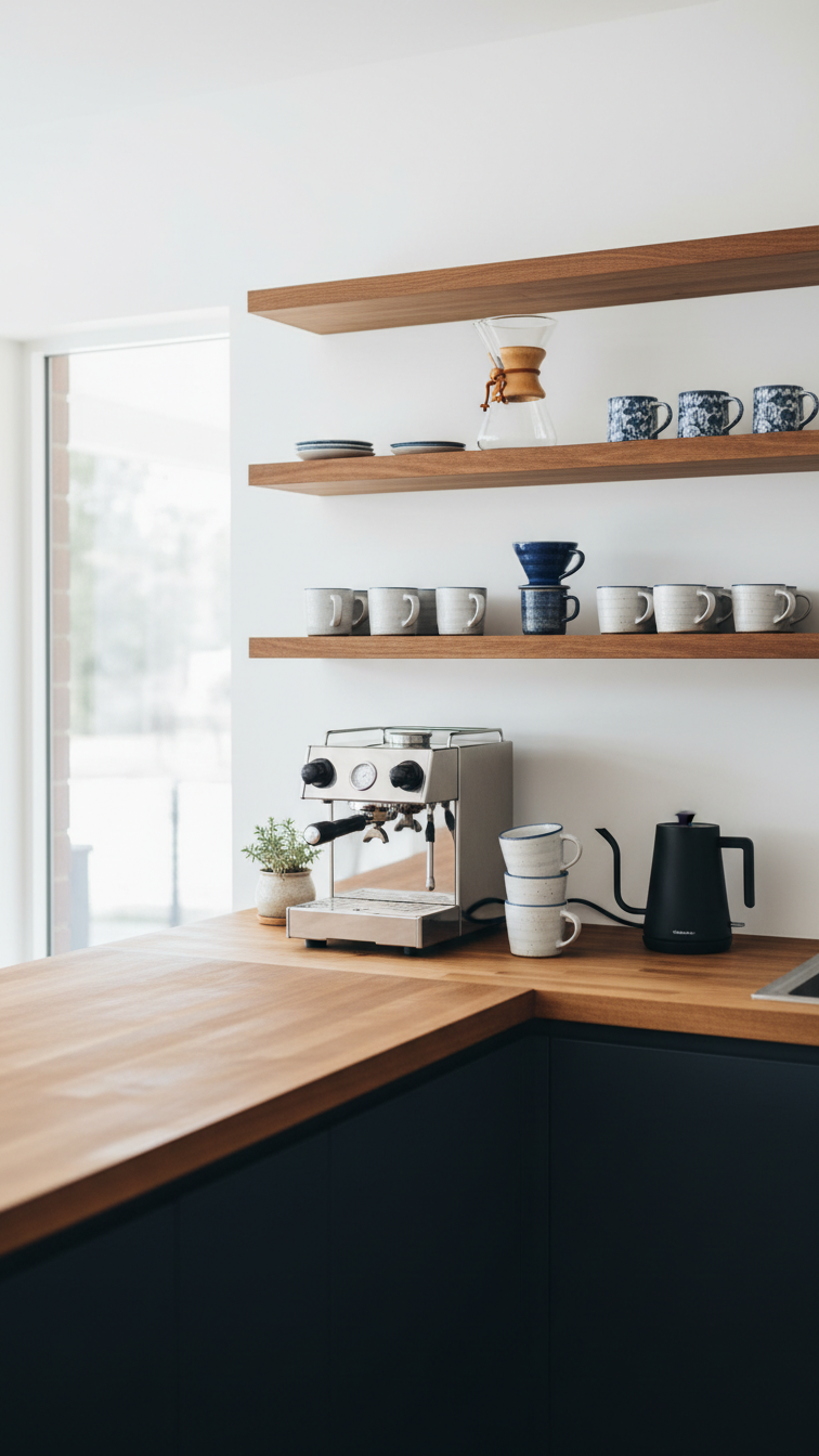 Open-concept L-shaped coffee bar with butcher block countertop, floating shelves, and ceramic mugs