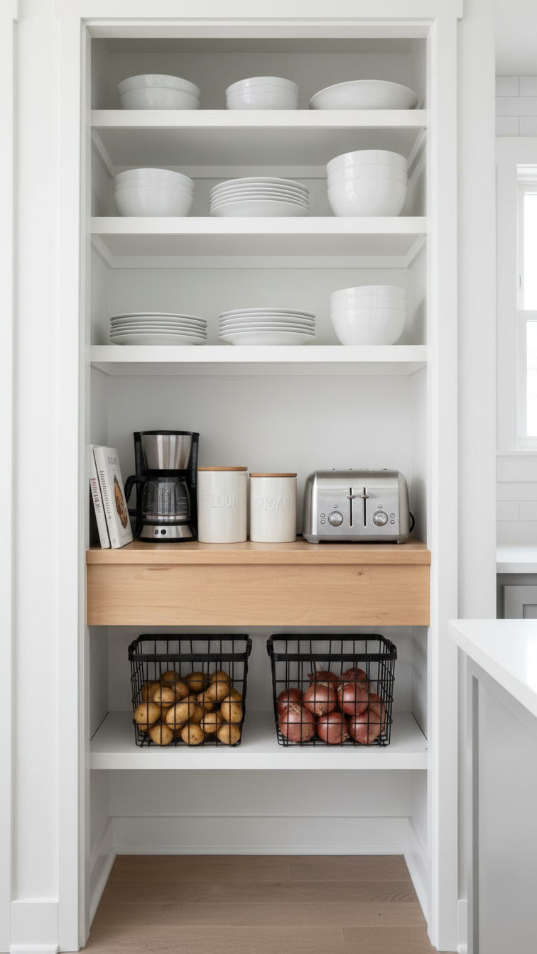 Open-concept pantry closet coffee bar with white shelving, drip coffee maker, and integrated food storage