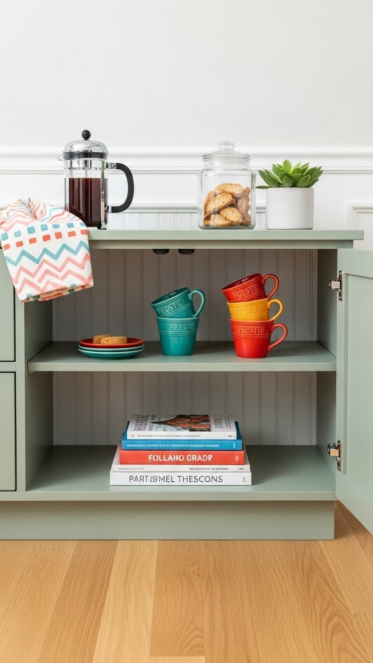 Open-shelf beverage center from sage green TV console with white beadboard backing, French press, and colorful Fiestaware mugs.