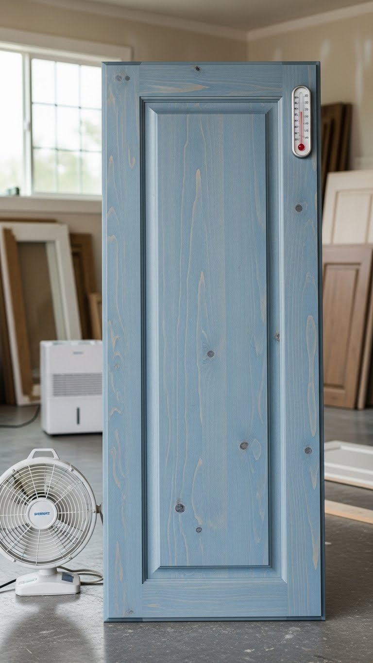 Optimized drying environment for gel-stained cabinets with open windows and air circulation equipment