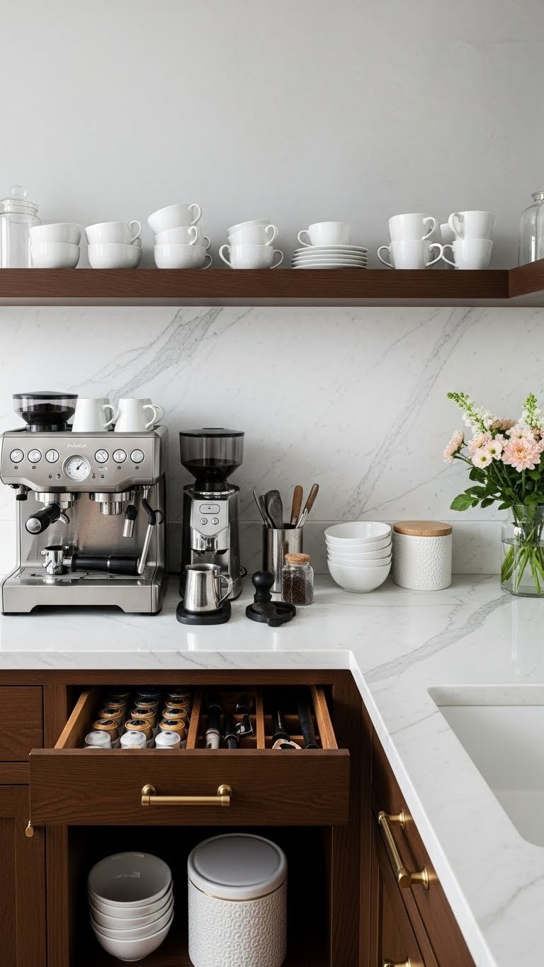 Optimized functional coffee station with organized espresso machine, grinder, and marble countertop workflow arrangement