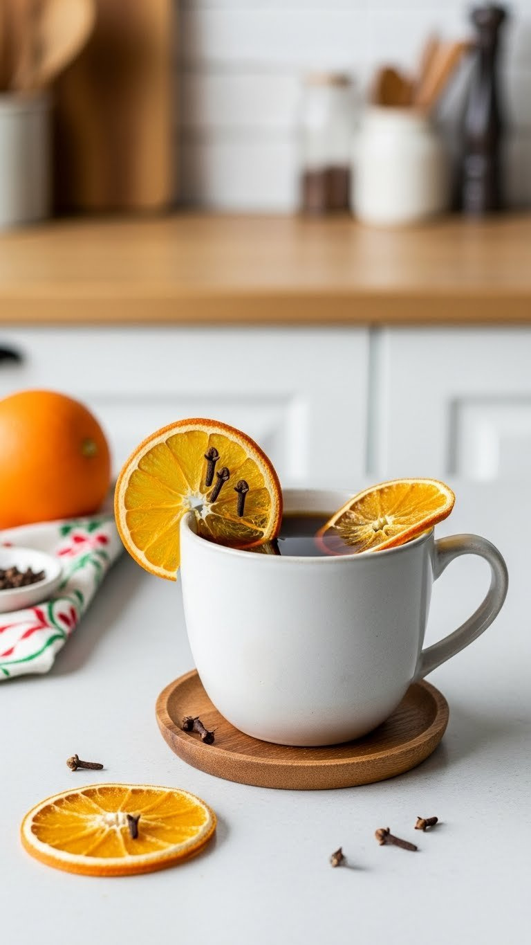 Orange clove coffee garnished with citrus slice and whole cloves on minimalist ceramic mug with clean background.