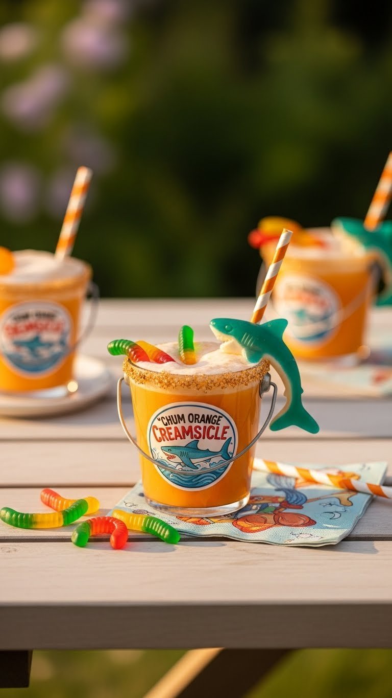 Orange creamsicle shark drink in rustic bucket with gummy worms and shark biting rim on wooden picnic table