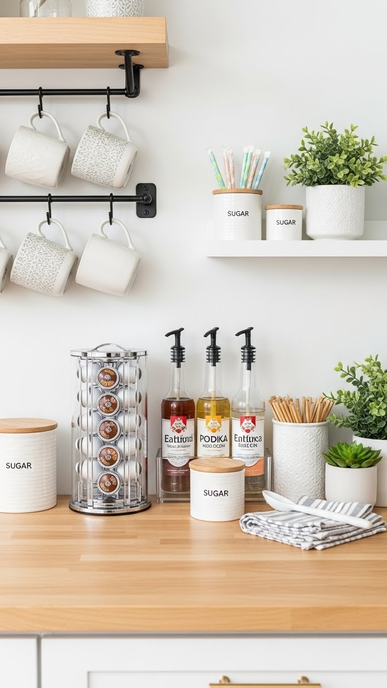 Organized Easter coffee station with wall-mounted mug rack, acrylic pod dispenser, and floating syrup shelf
