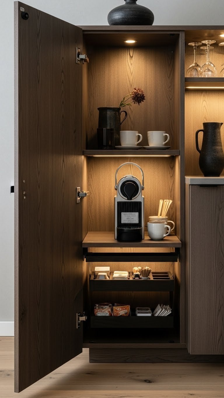 Organized Japandi mini-bar cabinet with compact coffee machine, ceramic cups, and dark wood exterior with LED lighting