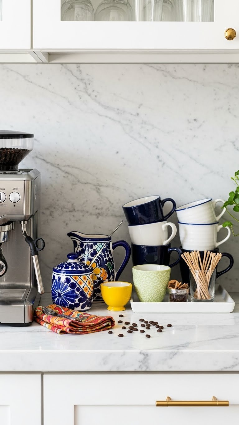 Organized Mexican style coffee station with sleek espresso machine and Talavera sugar set on marble countertop