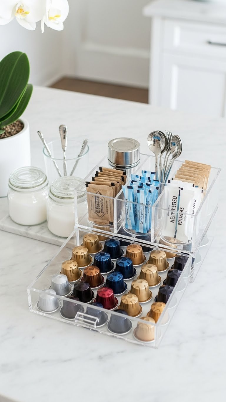 Organized Nespresso pods storage display with colorful capsules in acrylic drawer on white marble countertop