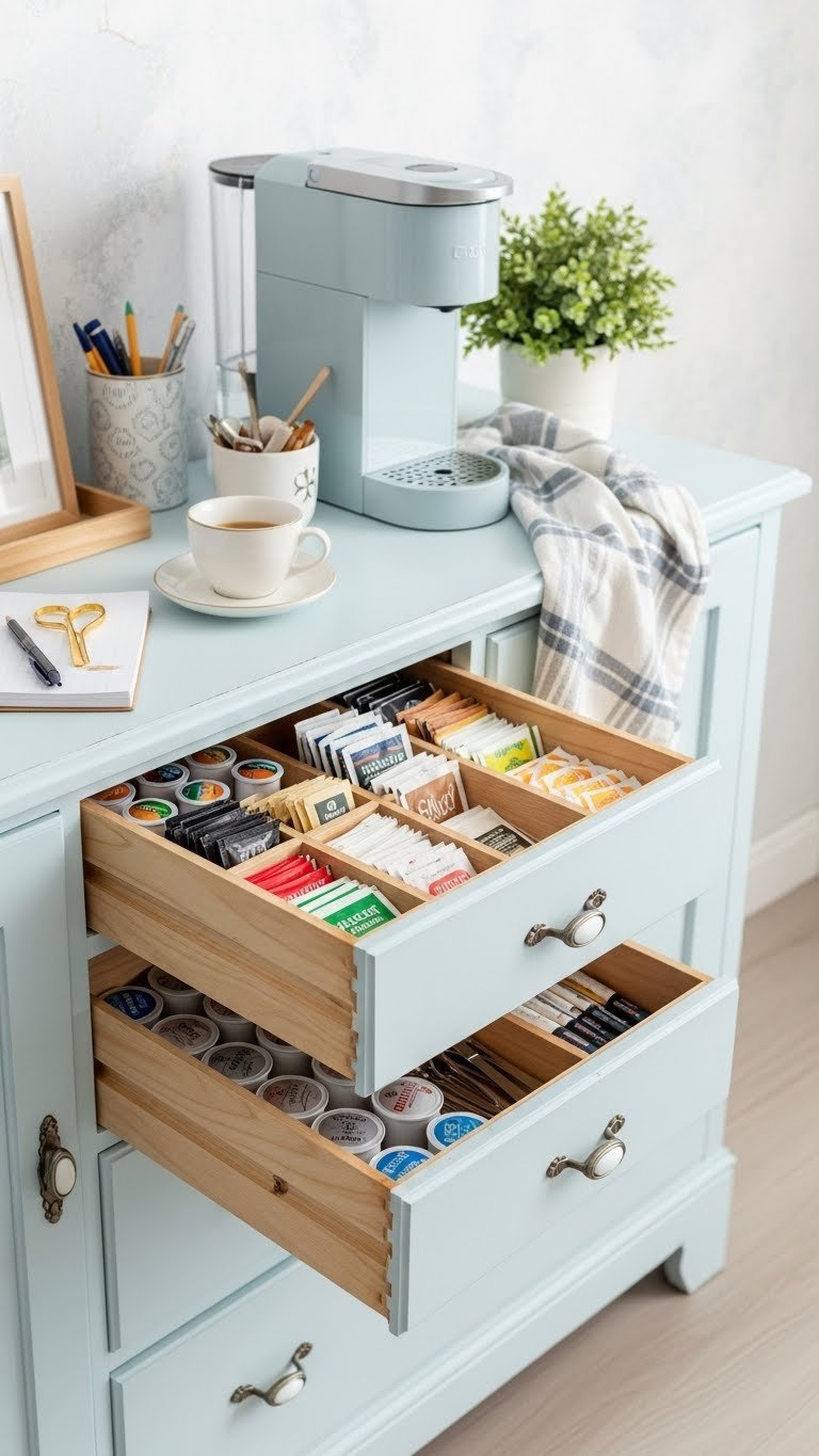 Organized coffee bar with custom drawer inserts showing neatly arranged coffee pods and accessories in soft pastel dresser