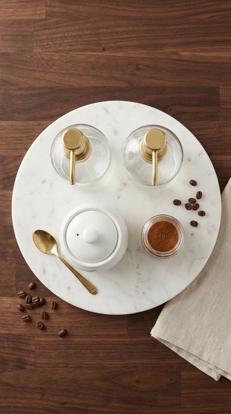 Organized coffee station with marble tray holding syrup dispensers, sugar bowl, and vintage spoon on dark wood