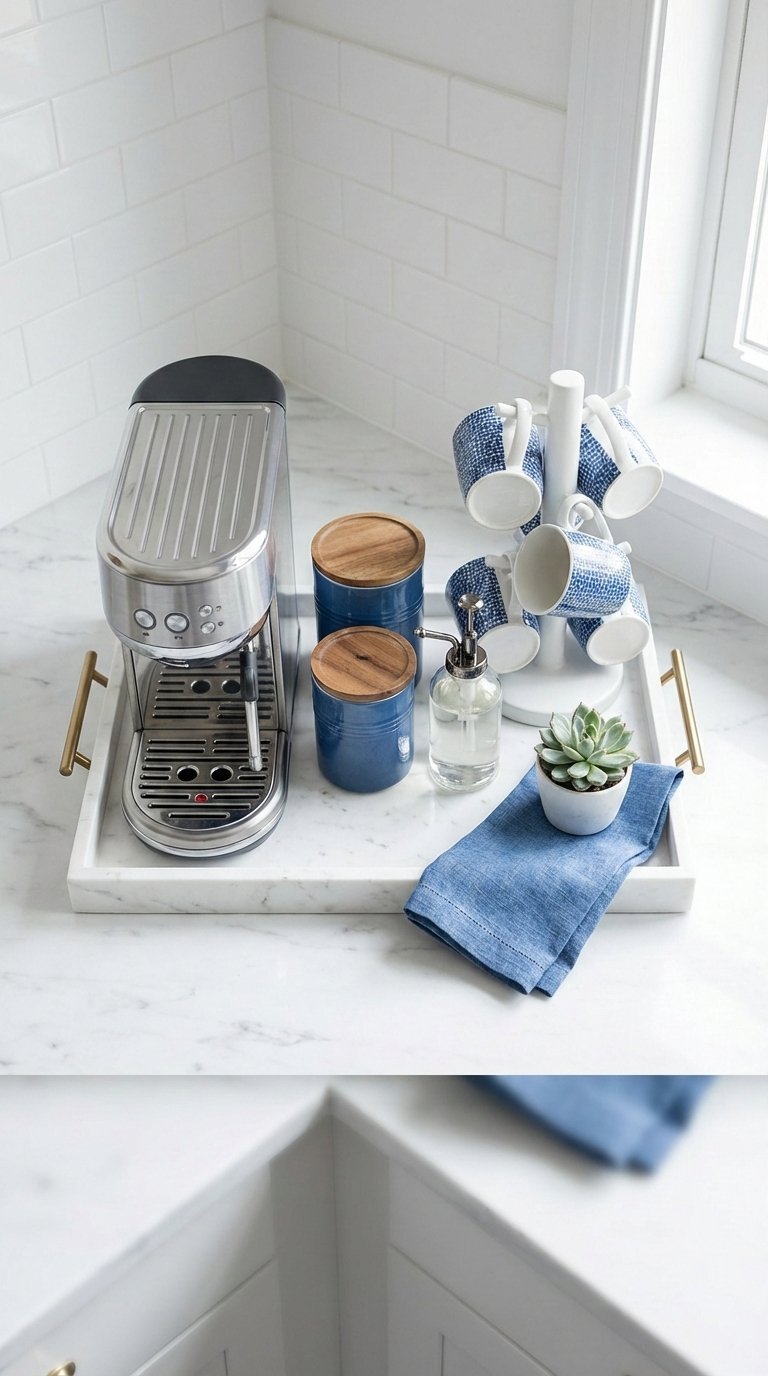 Organized countertop coffee station with coffee machine on decorative tray, mug tree, and matching canisters on white marble surface.