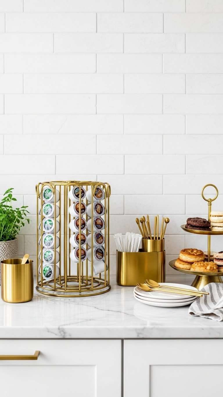Organized gold coffee station with metal organizers, coffee accessories, and tiered dessert stand on marble countertop