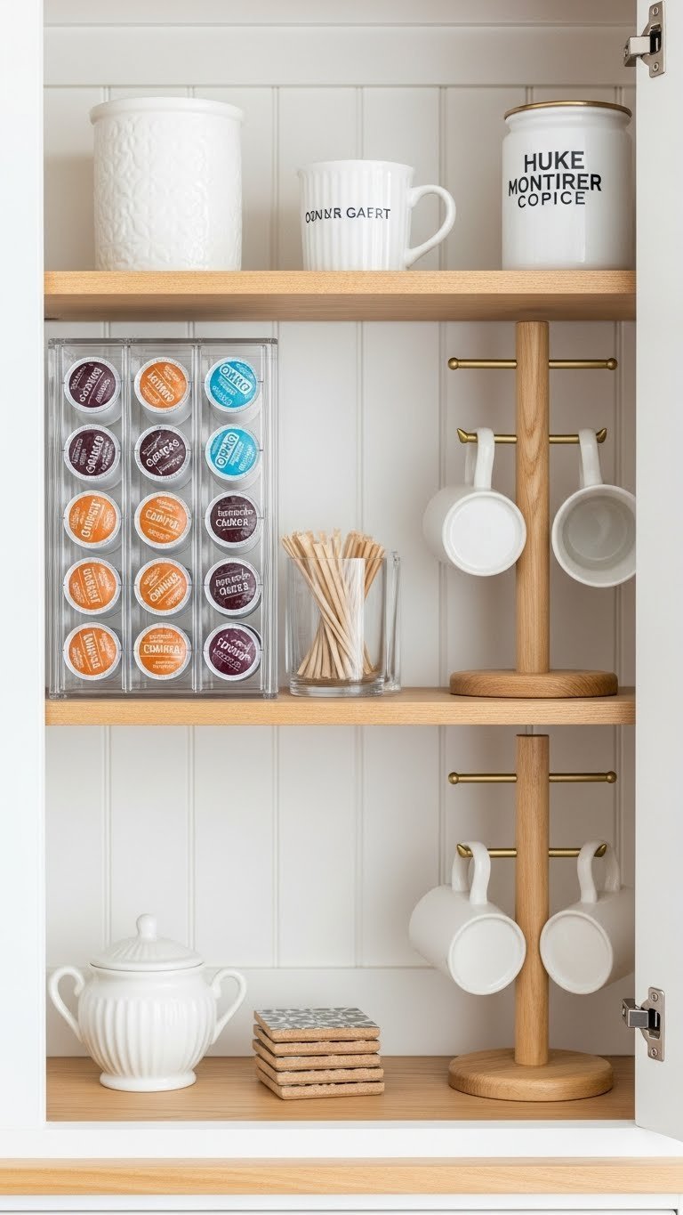 Organized hutch interior with acrylic coffee pod organizers and vertical mug racks for efficient storage