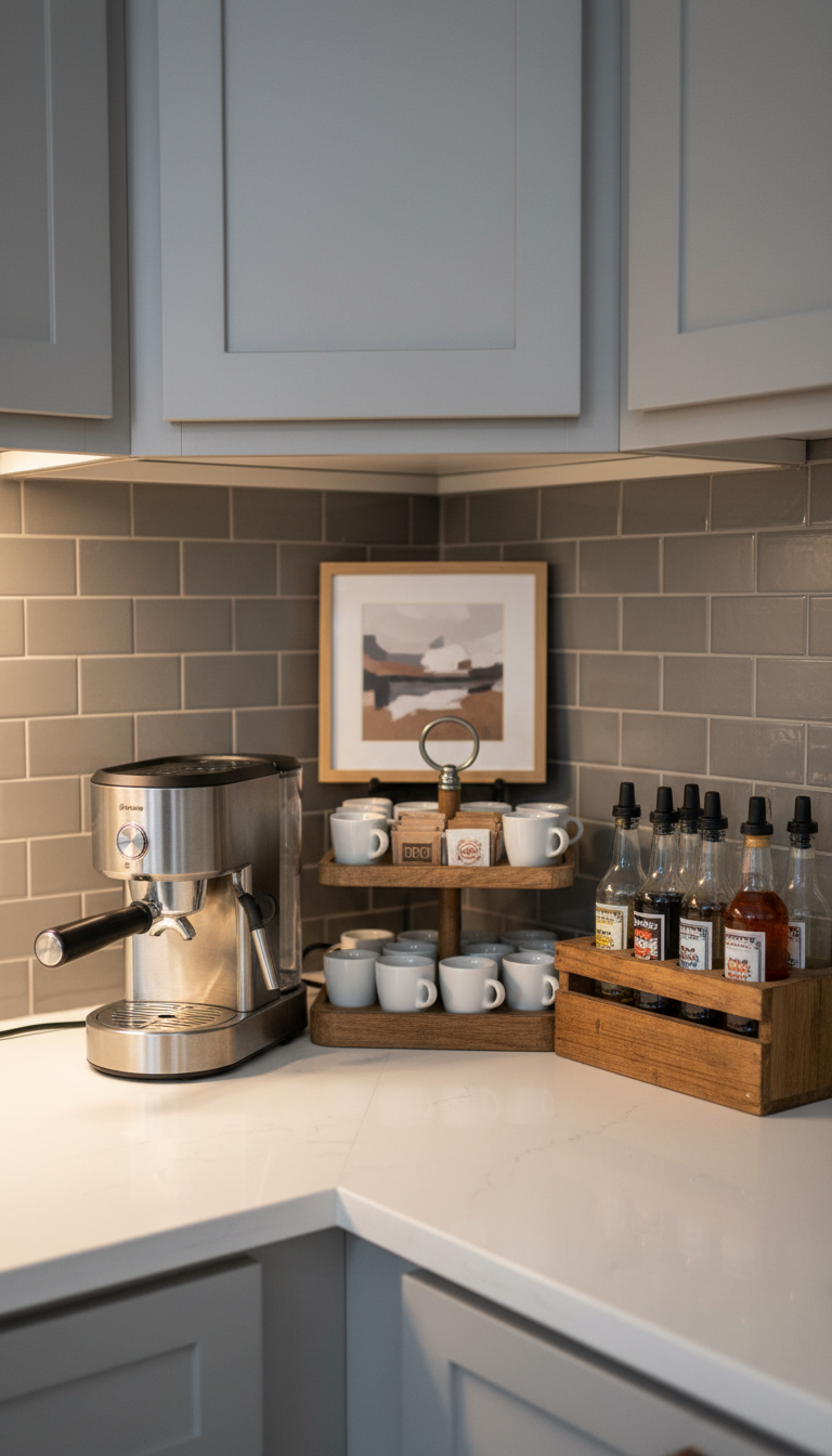 Organized kitchen corner coffee nook with espresso machine on white quartz countertop and gray tile backsplash