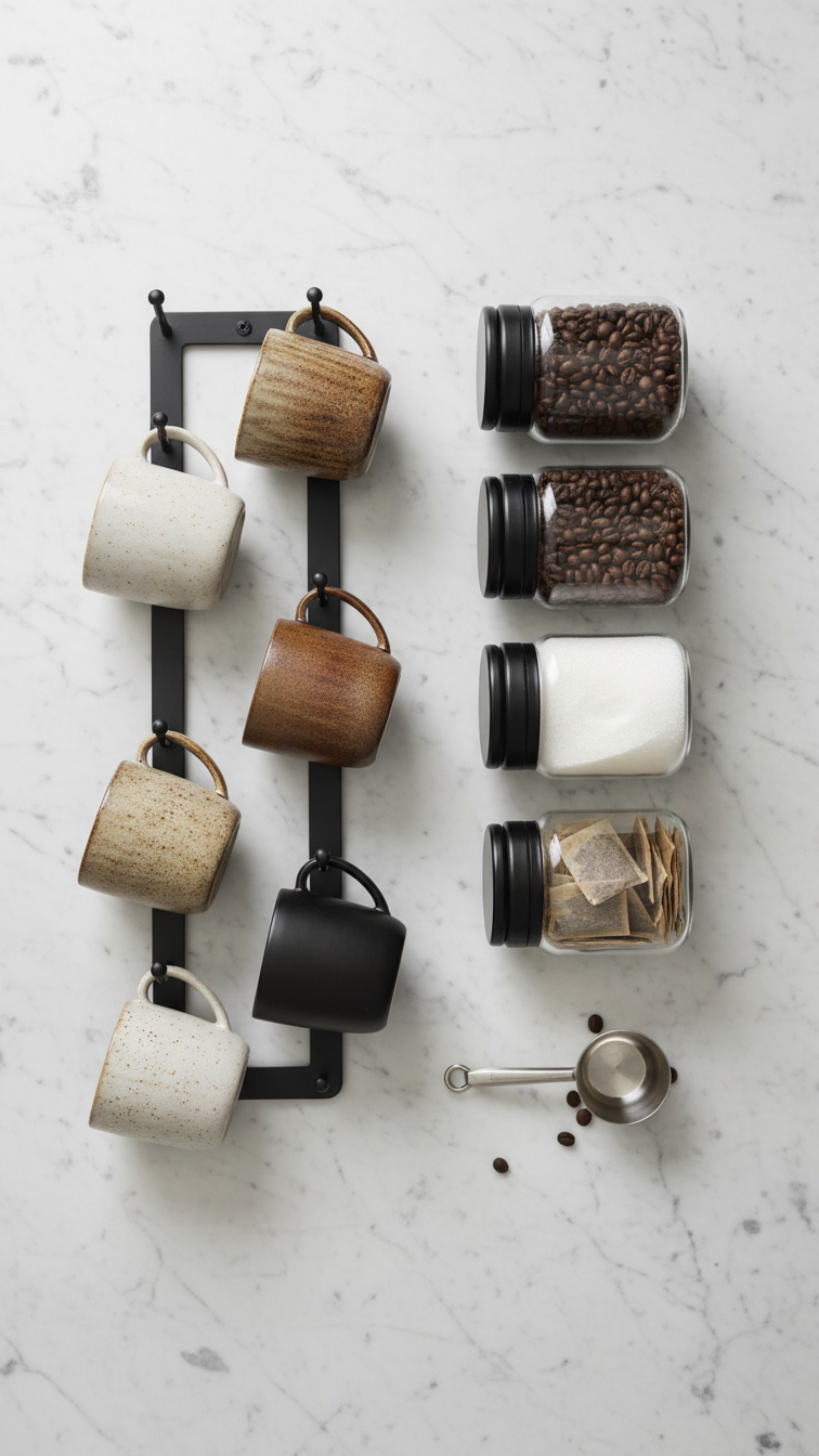 Organized pantry coffee station with black metal mug rack holding six ceramic mugs and glass canisters on marble counter