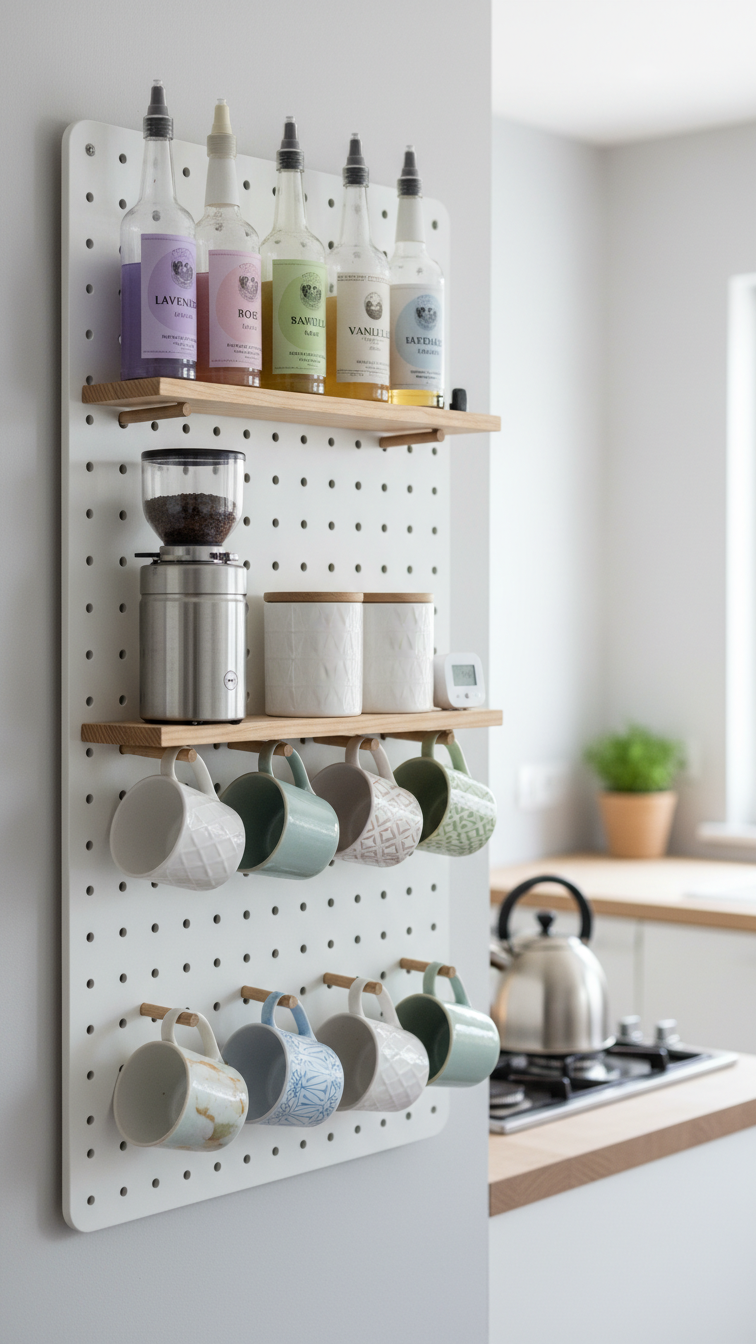 Organized pegboard coffee bar with adjustable shelves, colorful syrup bottles, and hanging coffee mugs