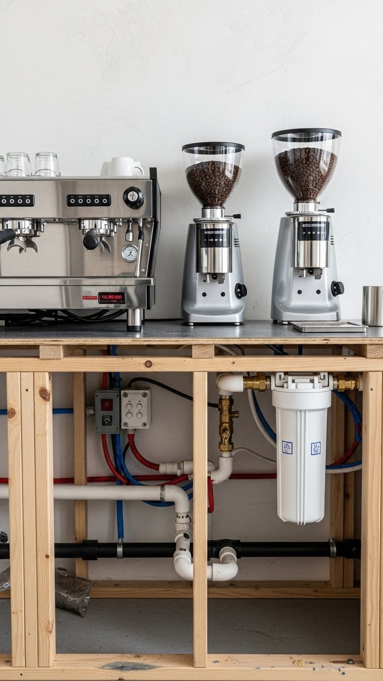 Organized plumbing and electrical infrastructure behind commercial coffee bar with color-coded piping.