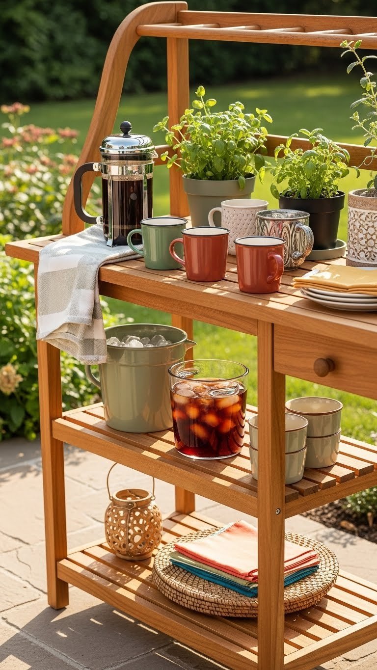 Outdoor patio coffee station with weather-resistant bakers rack featuring French press and melamine mugs in garden setting