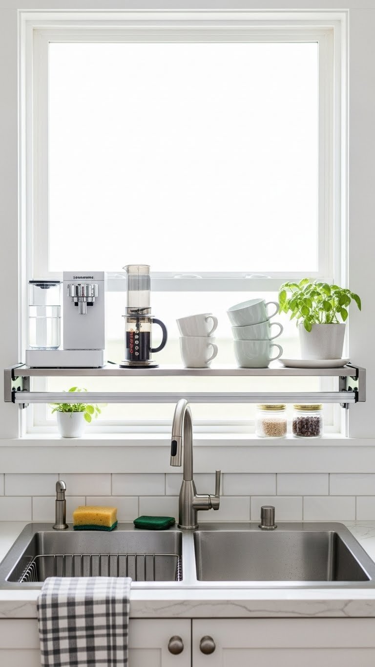 Over-the-sink shelf coffee zone with compact coffee maker and storage jars above stainless steel sink