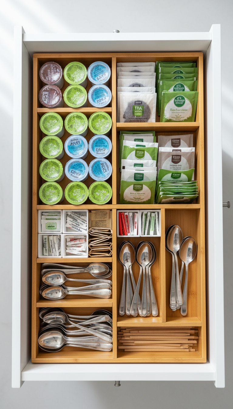 Overhead shot of organized kitchen drawer with coffee pods and tea bags using bamboo dividers