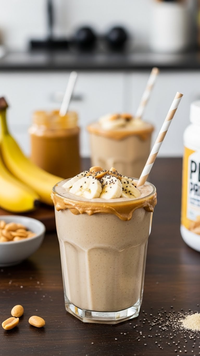 PB & banana protein shake with thick creamy texture, banana slices and peanut butter garnish