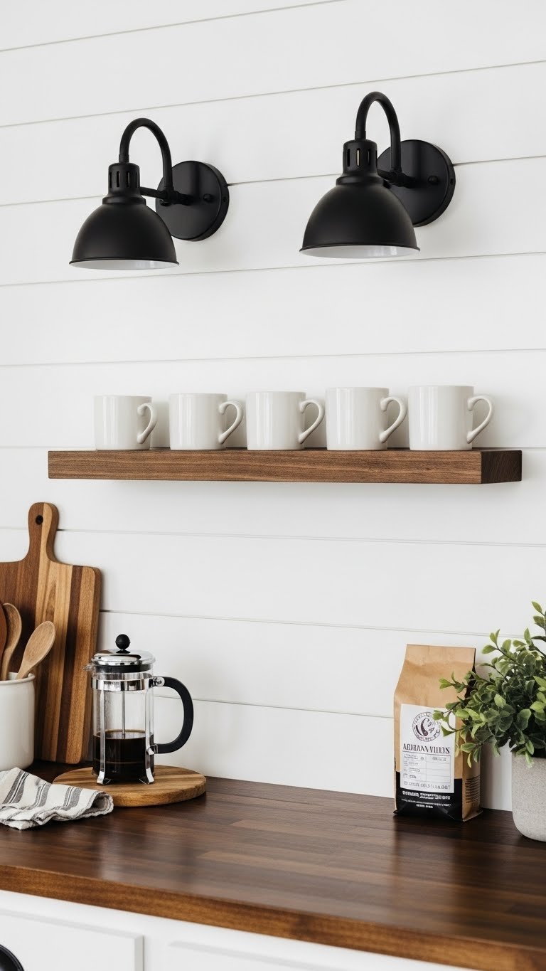 Pair of gooseneck matte black wall sconces flanking rustic wooden floating shelf with white ceramic coffee mugs