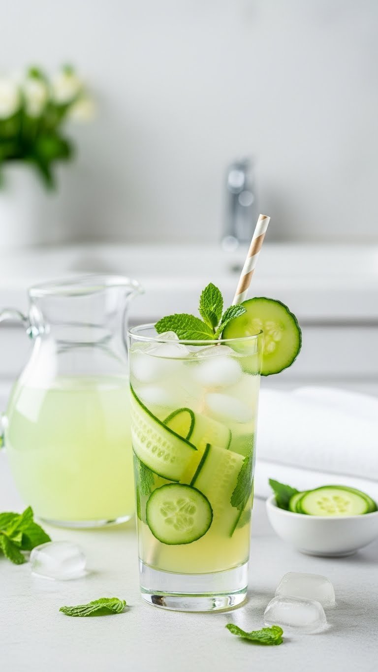 Pale green mint and cucumber iced tea with cucumber ribbons and fresh mint leaves in slender glass