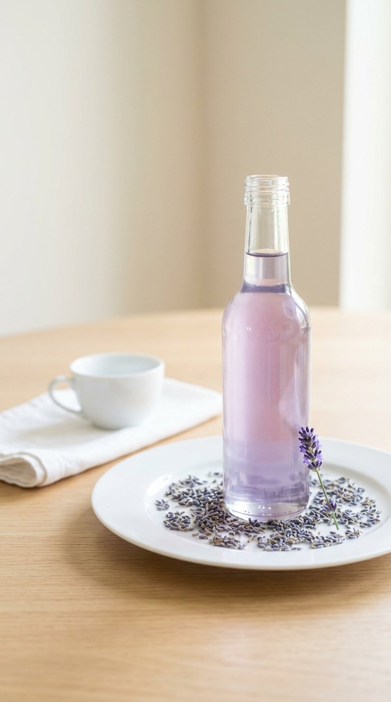 Pale purple lavender syrup in slender glass bottle with dried lavender blossoms on white ceramic plate with tea cup.