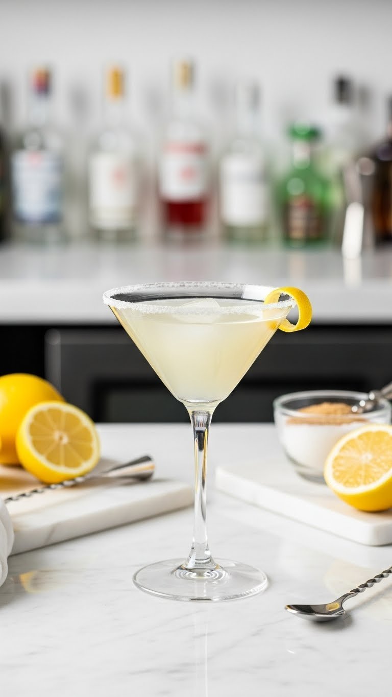 Pale yellow Lemon Drop Martini in sugar-rimmed glass with delicate lemon twist garnish showing chill and clarity