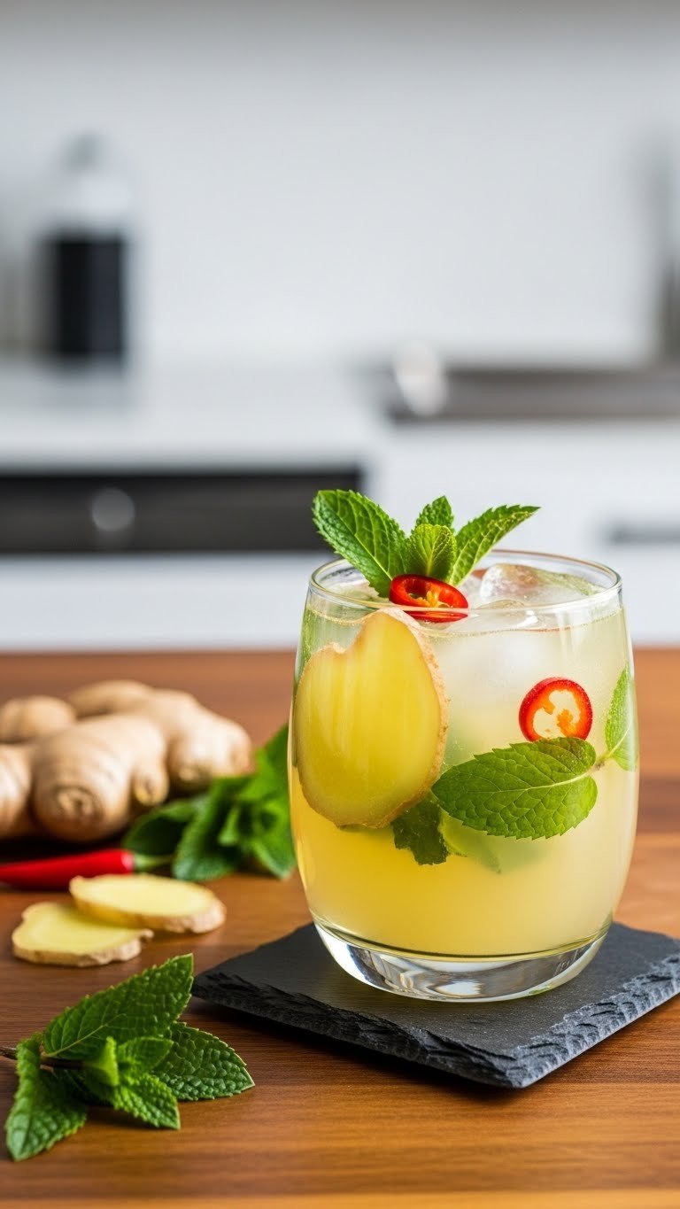 Pale yellow spicy ginger mint lemonade in sleek tumbler with ginger slices, mint leaves, and chili flakes on dark slate coaster
