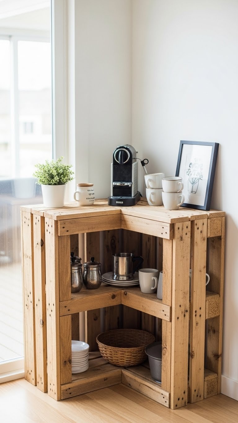 Pallet wood corner coffee station with compact espresso machine and stacked ceramic mugs in bright daylight interior setting