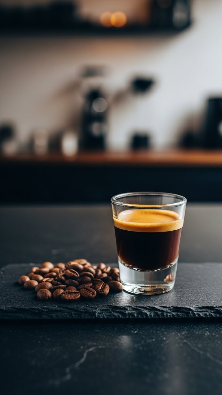 Panama Geisha coffee beans on dark slate surface with golden espresso shot glass and floral accents