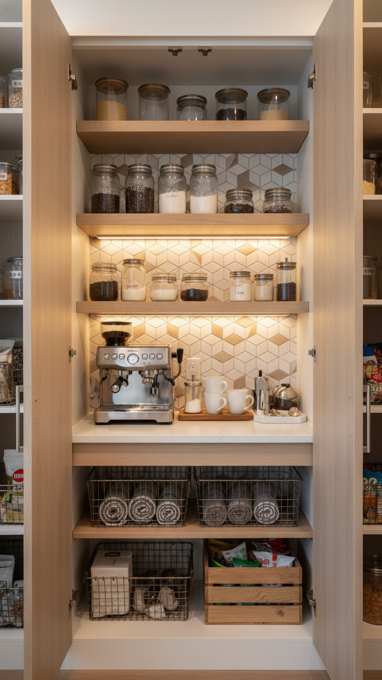 Pantry coffee bar with espresso machine under LED lighting on quartz countertop with geometric tile wall